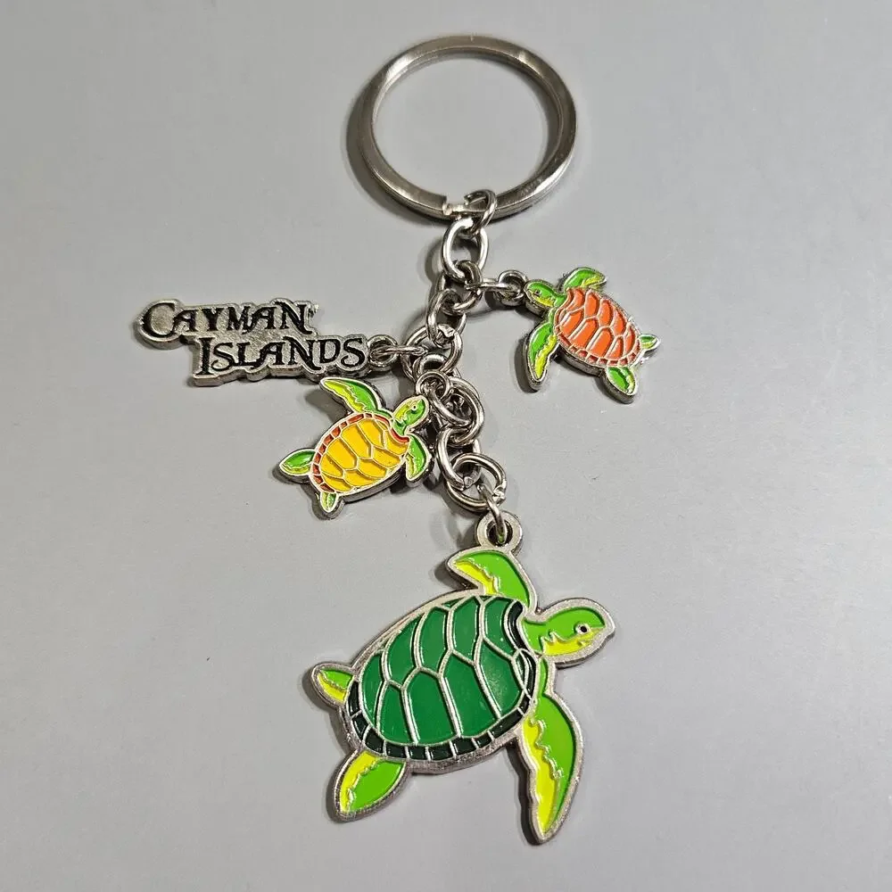 Cayman Islands Turtle Charms Key Ring Green Enamel Keychain Fob Travel Souvenir